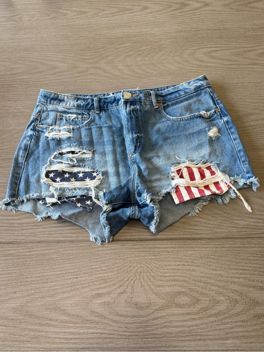 Garage Denim Distressed Shorts with American Flag Pockets
